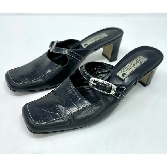 Brighton Tanner Black Leather Croc Embossed Buckle Mule Heels Size 8M Square Toe - Picture 6 of 10